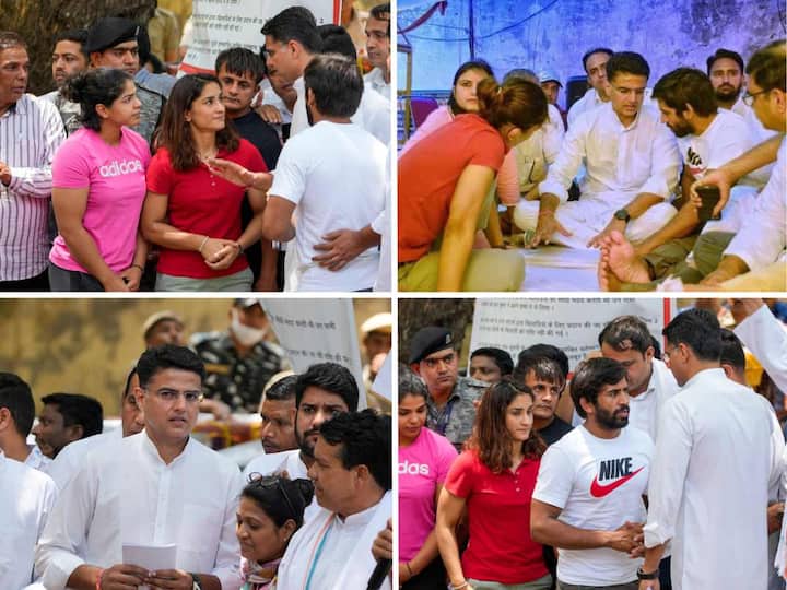 Amid a power tussle with Chief Minister Ashok Gehlot ahead of Rajasthan election, Congress leader Sachin Pilot on Friday met the protesting wrestlers at Delhi's Jantar Mantar.