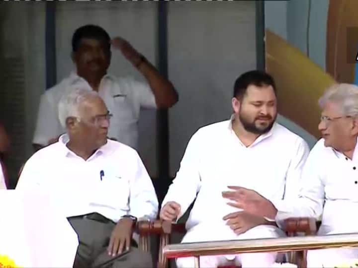 Bihar Deputy Chief Minister Tejashwi Yadav also attended the ceremony along with Chhattisgarh CM Bhupesh Baghel, and Himachal Pradesh CM Sukhvinder Singh Sukhu. (Image Source: Twitter/@ANI)