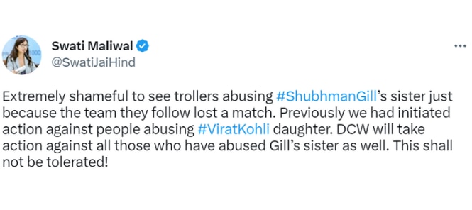 Extremely Shameful': DCW Chief Swati Maliwal Vows Action Against Those Abusing Shubman Gill's Sister