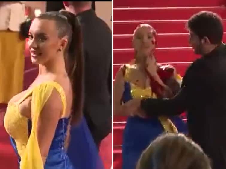 WATCH: Woman Clad In Ukrainian Flag Colours Pours Fake Blood On Self At Cannes Red Carpet WATCH: Woman Clad In Ukrainian Flag Colours Pours Fake Blood On Self At Cannes Red Carpet