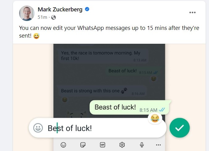 Whatsapp Edit Message: மெசேஜ் தப்பாயிடுச்சா? அடுத்த 15 நிமிடங்களுக்குள்...புதிய அப்டேட்டை அறிவித்த மார்க் சக்கர்பெர்க்!
