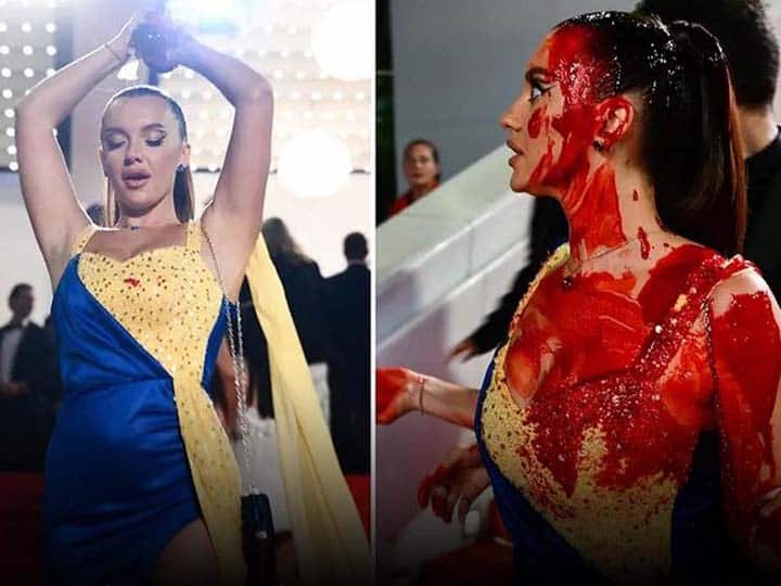 Cannes Film Festival 2023: कान्स में रेड कार्पेट पर पहुंची महिला ने खुद के ऊपर डाला नकली खून, जानिए क्या थी वजह