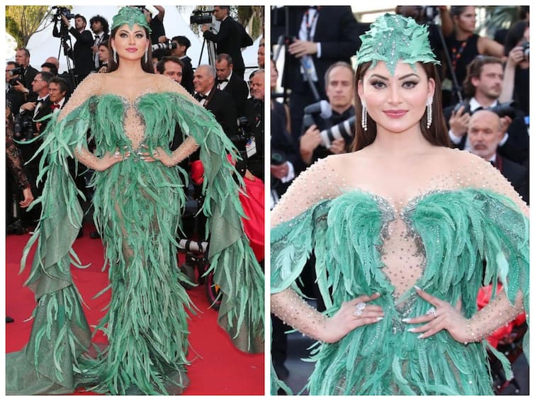 Cannes 2023: Urvashi Rautela Gets Trolled For Her Green Feather Gown Look At The Red Carpet, Netizens Call Her Parrot And Pokemon Netizens Troll Urvashi Rautela's Green-Feathered Look At Cannes 2023 Red Carpet
