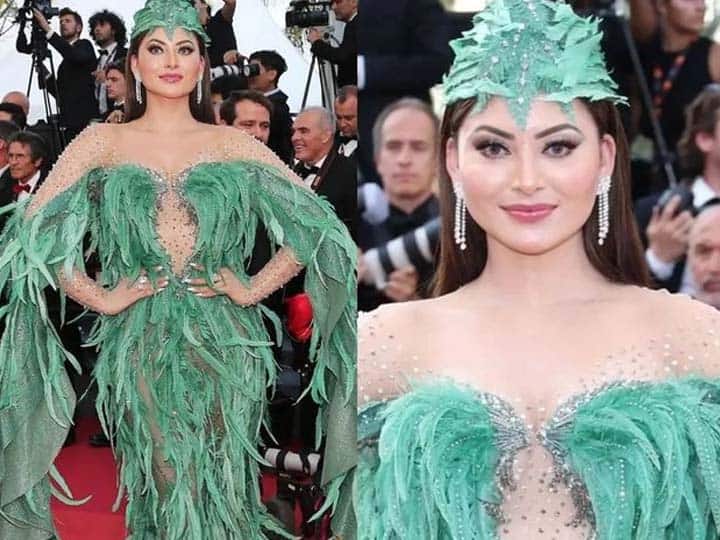 Urvashi Rautela gets brutally trolled for wearing green feather gown at Cannes 2023 netizens compare her parrot Cannes 2023: किसी को तोता तो किसी को आई जटायू की याद, कान्स में Urvashi Rautela का लुक देख यूजर्स हुए लोटपोट