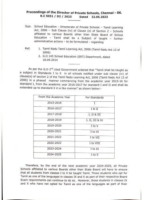 Tamil Compulsory: அனைத்து பள்ளிகளிலும்  தமிழ் கட்டாய மொழிப் பாடமாக இருக்க வேண்டும் - தனியார் பள்ளிகள் இயக்குனர் உத்தரவு..