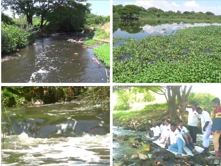 தாமிரபரணியில் கழிவு நீர் கலப்பு -  கழிவுநீர் மீது பேனரை விரித்து உட்காந்து காங்கிரஸ் நூதன போராட்டம்