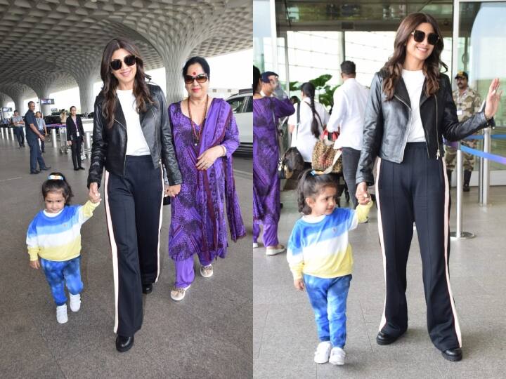 एयरपोर्ट पर शिल्पा के साथ-साथ उनकी बेटी समीशा ने कैमरे के सामने जमकर पोज दिए.