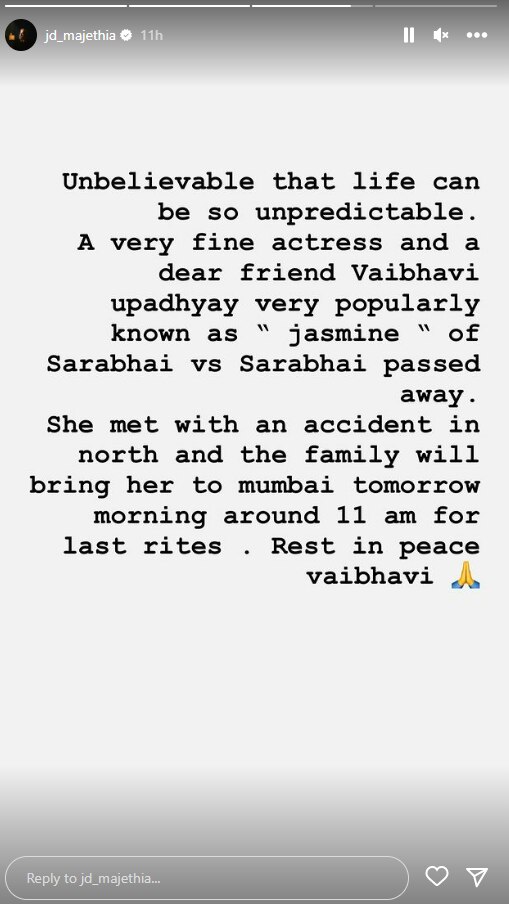 साराभाई वर्सेज साराभाई' फेम वैभवी उपाध्याय की मौत से शोक में TV इंडस्ट्री, रुपाली गांगुली, सतीश शाह और देवेन ने दी श्रद्धांजलि