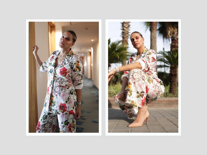 Neha Dhupia shared pictures on her Instagram handle where she can be seen in a floral printed co-ord set.