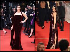 Sunny Leone Wows In A Shimmery Velvet Dress In Maroon At Cannes Red Carpet Debut | PICS