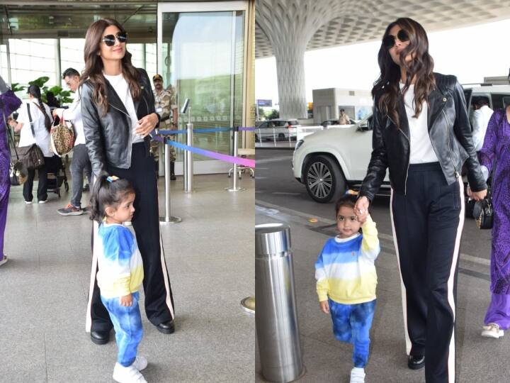 Shilpa Shetty At Airport: शिल्पा शेट्टी मुंबई एयरपोर्ट पर अपनी बेटी समीशा और मां सुनंदा के साथ नजर आईं. इस दौरान समीशा बहुत क्यूट लग रही थीं.