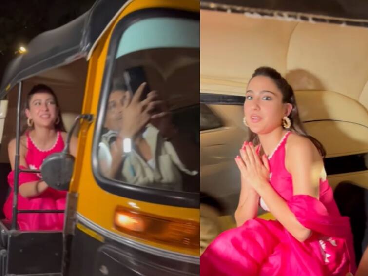 sara ali khan reached home by auto video viral on social media Sara Ali Khan: सारा अली खानने रिक्षाने केला प्रवास; व्हिडीओ व्हायरल,  नेटकरी म्हणाले, 'रिक्षावाल्याला पैसे...'