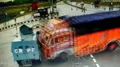 Jk uncontrolled truck hit crpf vehicle in avantipora accident caught on camera Jammu Kasmir: અવંતીપોરામાં પૂરપાટ ઝડપે આવતો ટ્રક બેકાબૂ થતાં બંકરમાં ઘૂસ્યો, ત્રણ જવાન ઇજાગ્રસ્ત
