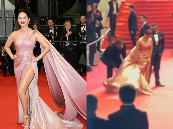 Anurag Kashyap fixes Sunny Leone dress in Cannes 2023 video gone viral kennedy premiere Cannes 2023 में अनुराग कश्यप ने संभाली सनी लियोनी की ड्रेस, वीडियो हुआ वायरल