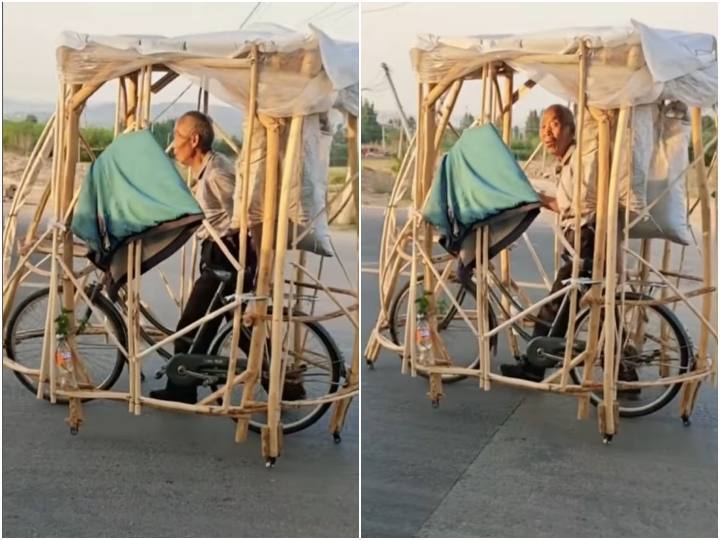 To save from heat old man put a wonderful trick on bicycle चिलचिलाती धूप से बचने के लिए बुजुर्ग शख्स ने लगाया जुगाड़, हैरतअंगेज अंदाज में साइकिल को बदला