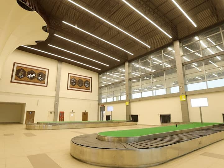 The new terminal building at Kanpur Airport's civil enclave incorporates several sustainability features, including a double insulated roofing system, energy-saving canopies, LED lighting, low heat gain double glazing units, rainwater harvesting for groundwater recharge, water treatment and sewage treatment plants, utilization of recycled water for landscaping, and a 100 KWp solar power plant. (Image: PIB)