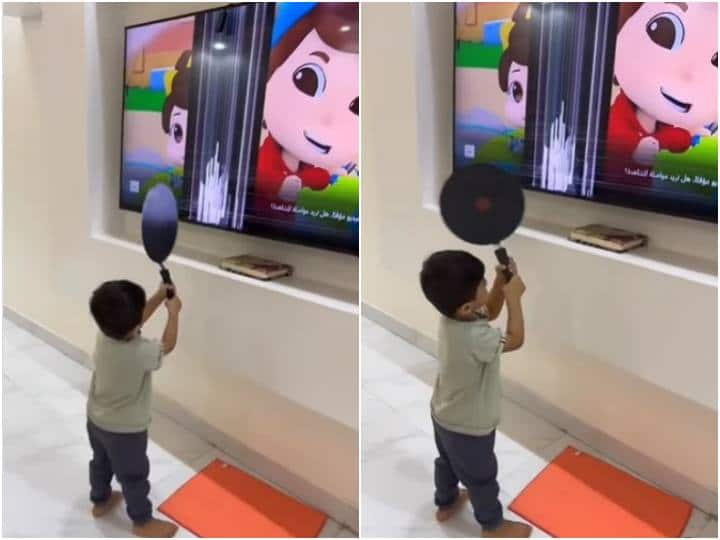 Naughty child broke TV and parents kept making videos शरारती बच्चे ने तवे से तोड़ दी हजारों की टीवी, माता-पिता बनाते रहे वीडियो