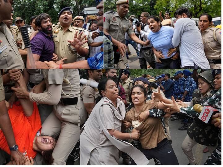 Wrestlers protesting against WFI Chief Brij Bhushan Singh on Sunday tried marching towards the new Parliament building. A scuffle broke out after they were stopped by Delhi police.