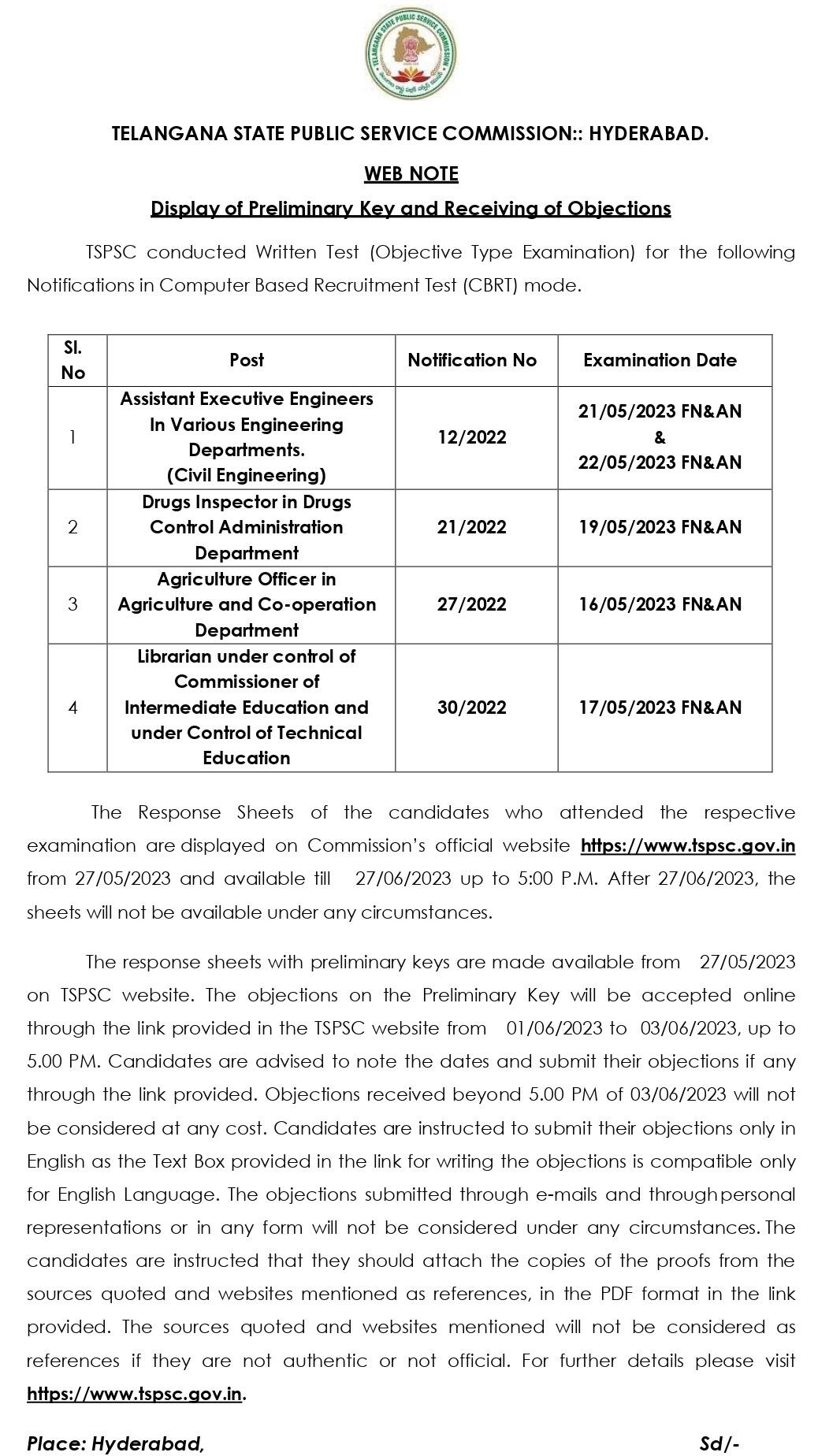 TSPSC: టీఎస్పీఎస్సీ రాతపరీక్షల ప్రిలిమినరీ ఆన్సర్ ‘కీ’లు, అభ్యంతరాల గడువు ఇదే!