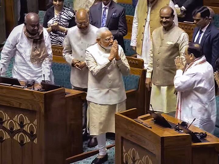 Prime Minister Narendra Modi inaugurated the new Parliament Building and installed the Sacred 'Sengol'in the Lok Sabha chamber on Sunday. After the inauguration ceremony, he greeted BJP chief JP Nadda as he made his way to the new Lok Sabha amid 'Modi, Modi'chants. (Image Source: PTI)