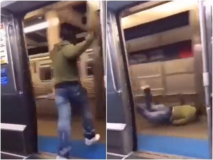 Drunk man jumps after opening door of moving metro चलती मेट्रो का दरवाजा खोल बाहर कूद गया शख्स, खंभे में जाकर भिड़ा! देखें वीडियो
