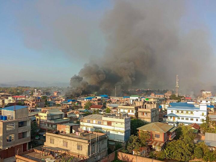 Smoke billows from a fire that broke out amid the clashes. Armed Kuki militants launched co-ordinated attacks in all directions on Sunday in which two persons were killed and 12 injured in different incidents, reported PTI. (Image Source: PTI)