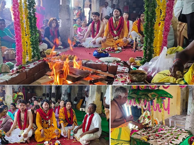 Marakanam Japan people perform special yagya at Bhoomeeshwarar temple for benefit of people TNN Bhoomeeshwarar Temple: உலக மக்களின் நன்மை வேண்டி மரக்காணம் பூமீஸ்வரர் கோயிலில்  ஜப்பான் நாட்டினர்  சிறப்பு யாகம்