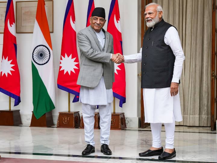 Prime Minister Narendra Modi met his Nepalese counterpart Pushpa Kamal Dahal 'Prachanda' at Hyderabad House in Delhi on Thursday after the latter arrived on a four-day visit to India the previous day. (Image Source: PTI)