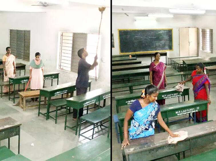 Schools Reopen Cleaning of classrooms in Villupuram district government schools is intensive TNN Schools Reopen: இன்னும்  சில தினங்களில் பள்ளிகள் திறப்பு....விழுப்புரம் மாவட்ட அரசு பள்ளிகளில் வகுப்பறைகள் தூய்மை பணி தீவிரம்