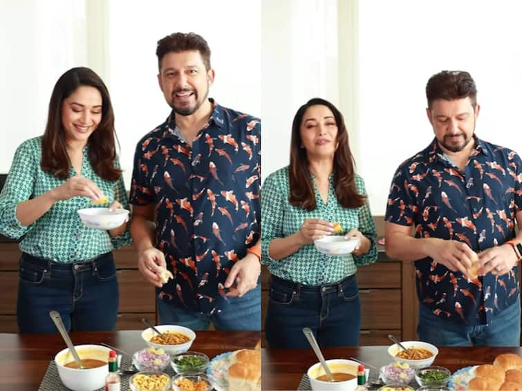 madhuri dixit made misal pav with her husband shriram nene share video on social media Madhuri Dixit: माधुरी दीक्षितनं डॉक्टर नेने यांच्यासोबत बनवली झणझणीत मिसळ; व्हिडीओ व्हायरल