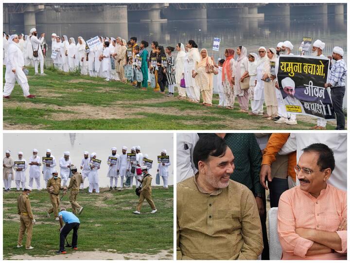 A large number of people, including politicians, students, and seers, gathered along the Yamuna river banks in Delhi to form a human chain under an initiative to save the river from heavy pollution.