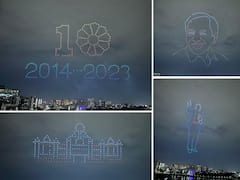 దుర్గం చెరువుపై ఆకట్టుకున్న డ్రోన్ షో, దశాబ్ది వేడుకల్లో భాగంగా నిర్వహణ