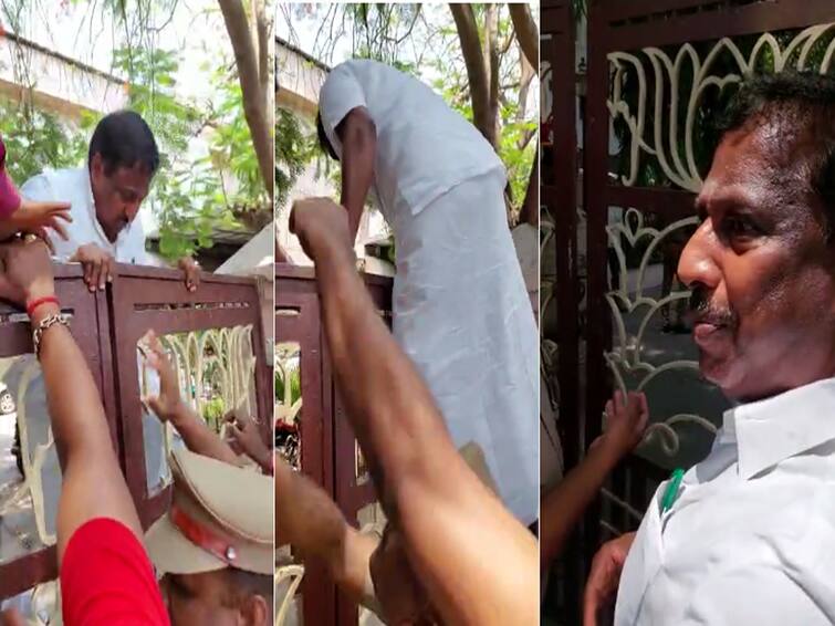 puducherry Independent MLA Nehru jumped on the gate after the guards did not allow him to meet the Chief Minister and appeal TNN முதல்வரை சந்தித்து முறையிட  அனுமதிக்காத போலீஸ்; கேட் மீது ஏறி குதித்த சுயேட்சை எம்எல்ஏவால் பரபரப்பு