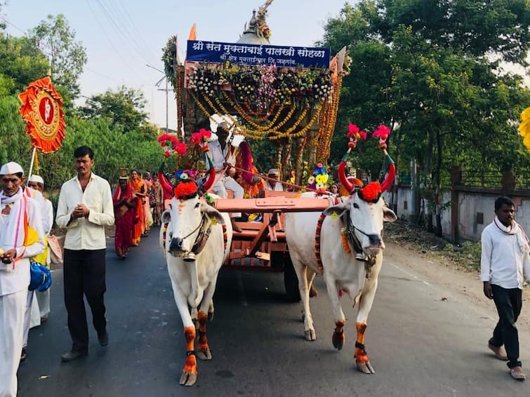 ashadhi wari 2023  muktainagar Sant Muktabai Palkhi Dindi ceremony entered in chikhali taluka jalgaon Maharashtra Sant Muktai Palkhi : मुक्ताई चालली विठूरायाच्या भेटीला! पाच दिवसांत शंभर किलोमीटर पार, आजचा मुक्काम चिखलीत!