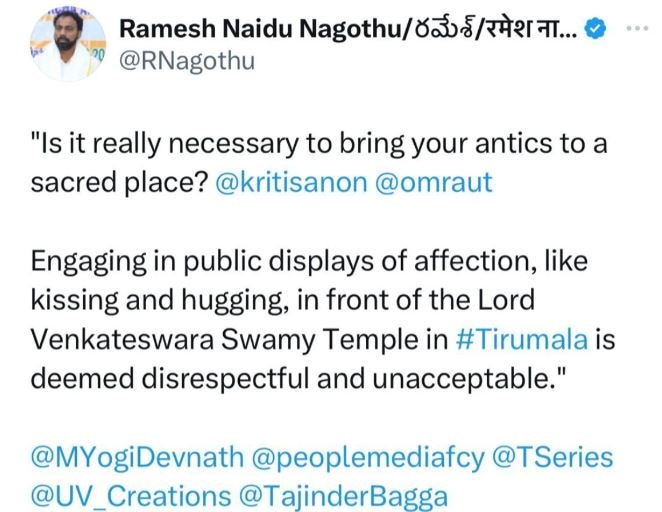 Adipurush Director Om Raut Kisses Kriti Sanon On Cheek Outside Tirupati Temple, Sparks Controversy