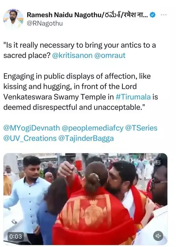 मंदिर में 'Adipurush' के डायरेक्टर ने किया कृति सेनन को 'गुडबाय किस' तो भड़के बीजेपी नेता, मचा बवाल