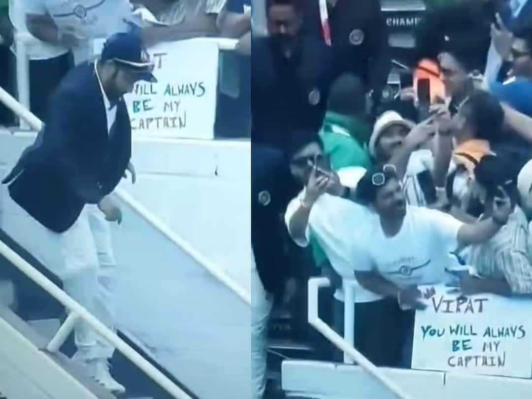Viral Photo: ’என் கேப்டன் எப்போதும் கோலிதான்..’ ரோஹித் சர்மாவை பெவிலியனில் வெறுப்பேற்றிய ரசிகர்..! virat always be my captain rohit sharma in front of fans banner - in pics Viral Photo: ’என் கேப்டன் எப்போதும் கோலிதான்..’ ரோஹித் சர்மாவை பெவிலியனில் வெறுப்பேற்றிய ரசிகர்..!