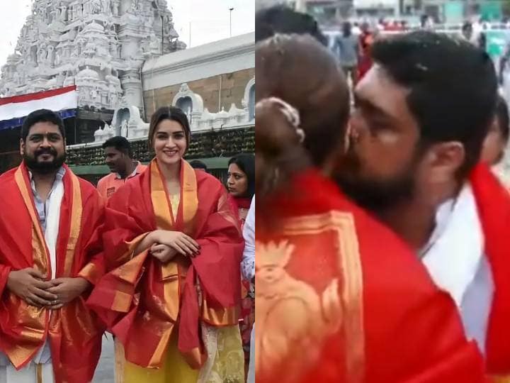 Adipurush Director Om Raut For Kissing Kriti Sanon At A Temple Kriti Sanon: திருப்பதி கோயிலில் பிரபல நடிகைக்கு முத்தம் கொடுத்த இயக்குநர்.. வலுக்கும் எதிர்ப்பு