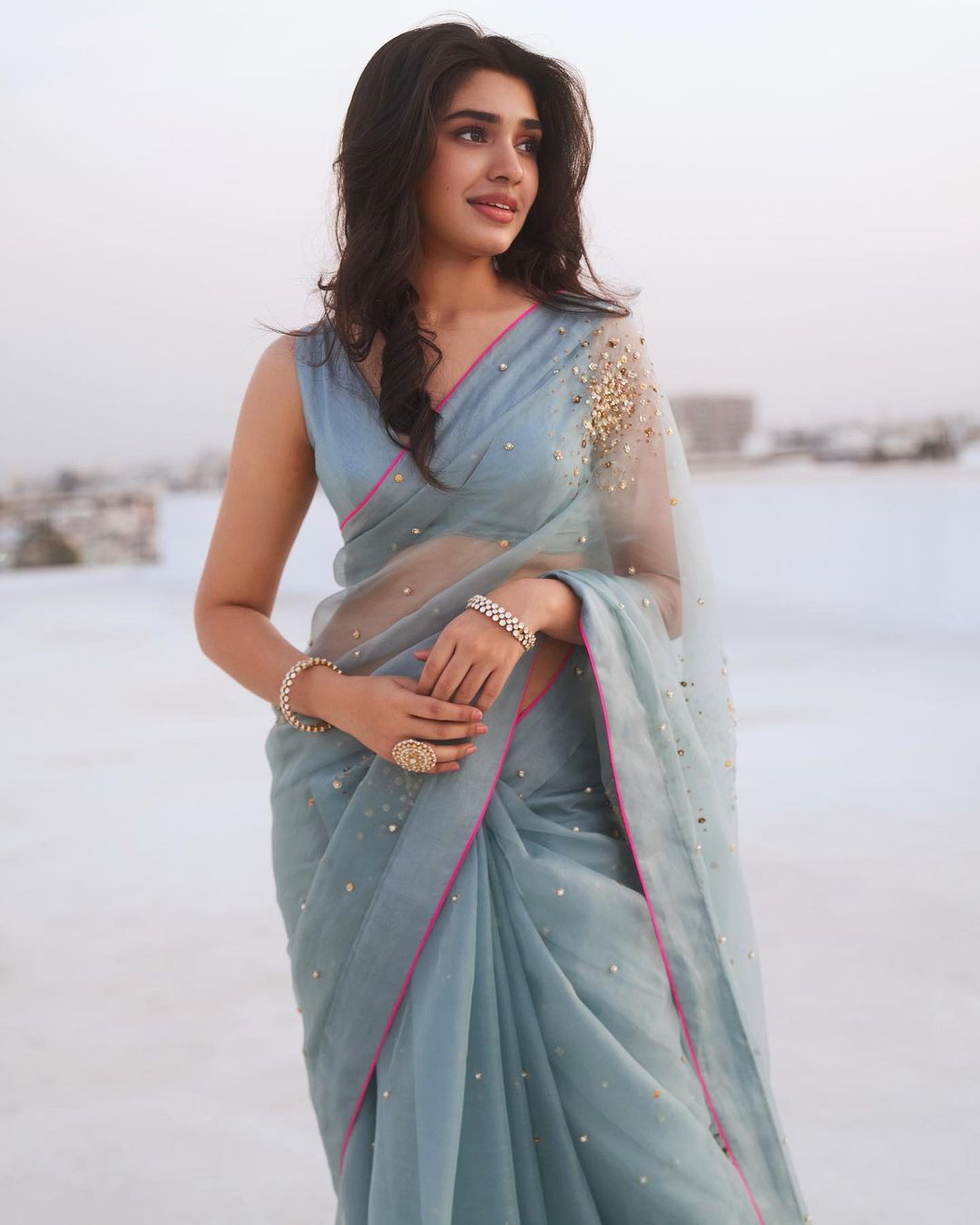 Ice Blue Shimmer Sequins Saree – kreationbykj