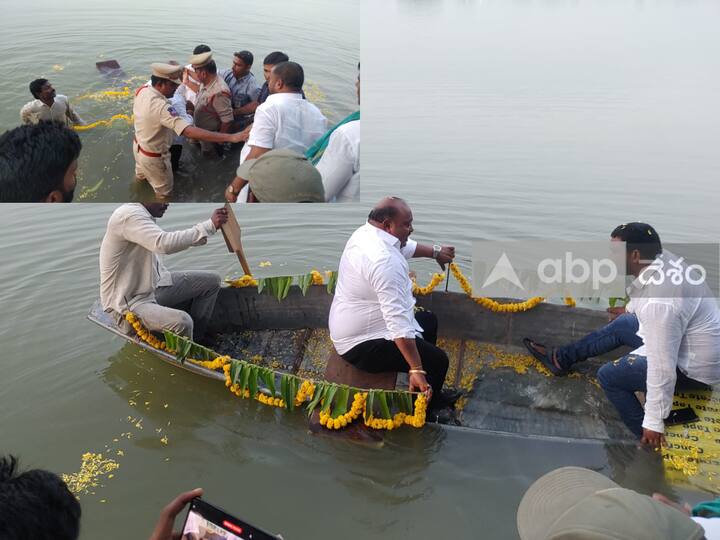 Minister Gangula Kamalakar fell into the water while going on a boat during the Cheruvula panduga In Karimnagar చెరువుల పండుగలో అపశ్రుతి- నాటు పడవలో వెళ్తూ నీటిలో పడిపోయిన మంత్రి గంగుల