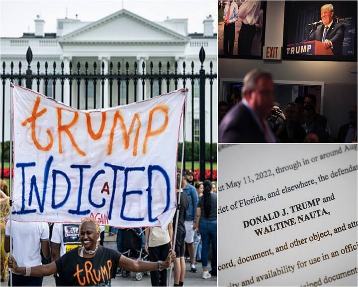 Protesters gathered outside the White House after Donald Trump was indicted on 37 counts in a classified documents case. Check out the pictures here.