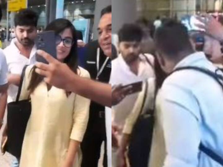 Rashmika mobbed at mumbai airport bodyguard comes to rescue her Watch: फैंस की भीड़ में बुरी तरह फंसी Rashmika Mandanna, बॉडीगार्ड्स को आना पड़ा एक्ट्रेस को बचाने