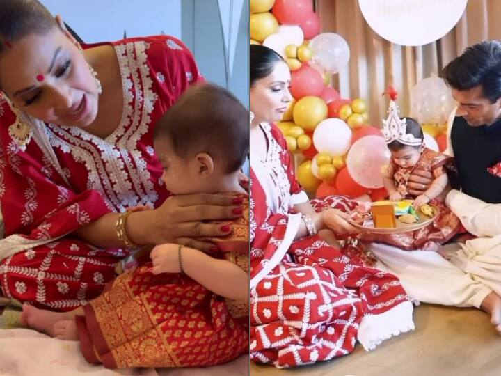 पैरों में पायल, बनारसी लाल साड़ी, Bipasha Basu ने कुछ इस तरह कराया बेटी देवी का 'मुखेभात' bipasha basu and karan singh grover daughter devi mukhebhat Ceremony see video पैरों में पायल, बनारसी लाल साड़ी, Bipasha Basu ने कुछ इस तरह कराया बेटी देवी का 'मुखेभात'