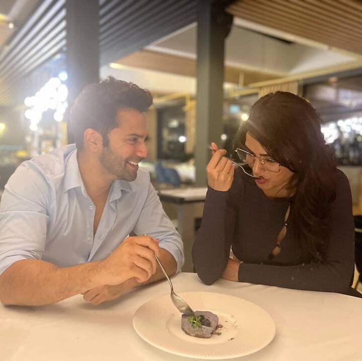 In one of the pictures, Samantha is seen wearing a black dress while Varun is wearing a blue shirt. Both of them are seen sharing a dessert.