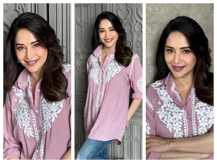 Madhuri Dixit Redefines Effortless Elegance With A Pastel Pink Kurti And Ripped Jeans Ensemble Madhuri Dixit Redefines Effortless Elegance With A Pastel Pink Kurti And Ripped Jeans Ensemble