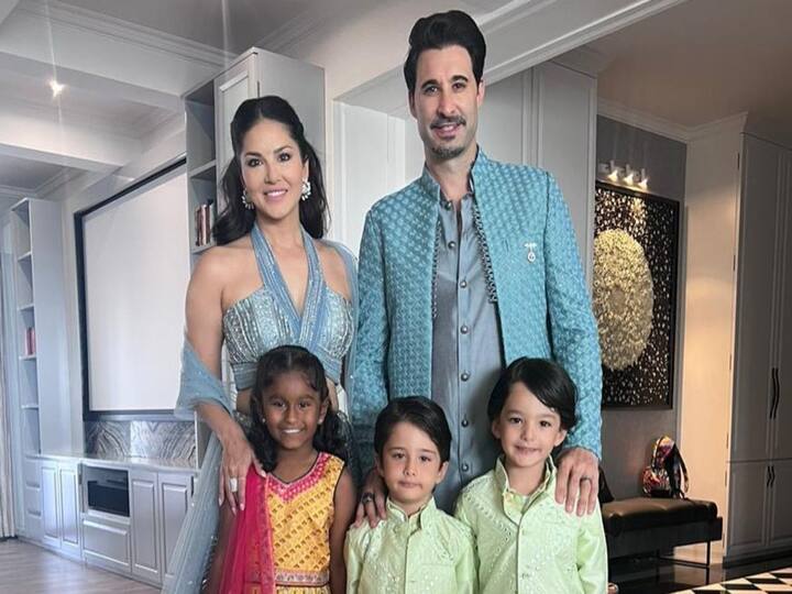 Before attending filmmaker Krishna Bhatt's wedding reception, Sunny Leone posed with her husband Daniel Weber, and their three kids.