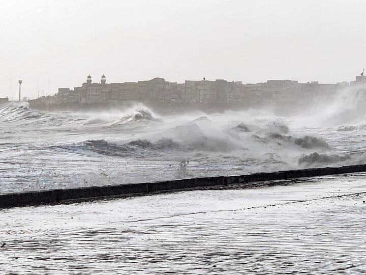 Cyclone Biporjoy is likely to make landfall between the Kutch district of Gujarat and Karachi in Pakistan on June 15 and its effects are already being witnessed in coastal regions of Gujarat and Maharashtra. High waves crashing against the beachline are also expected to be witnessed in Porbandar. In Pakistan, authorities in the coastal areas in Sindh and Balochistan have been advised to be on alert to ensure public safety. (Source: PTI)