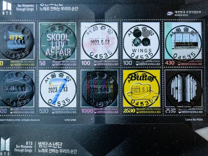 A stamp collector piles up a special commemorative stamp series of BTS on its tenth anniversary. BTS was the first k-pop band to feature on the TIME magazine cover.