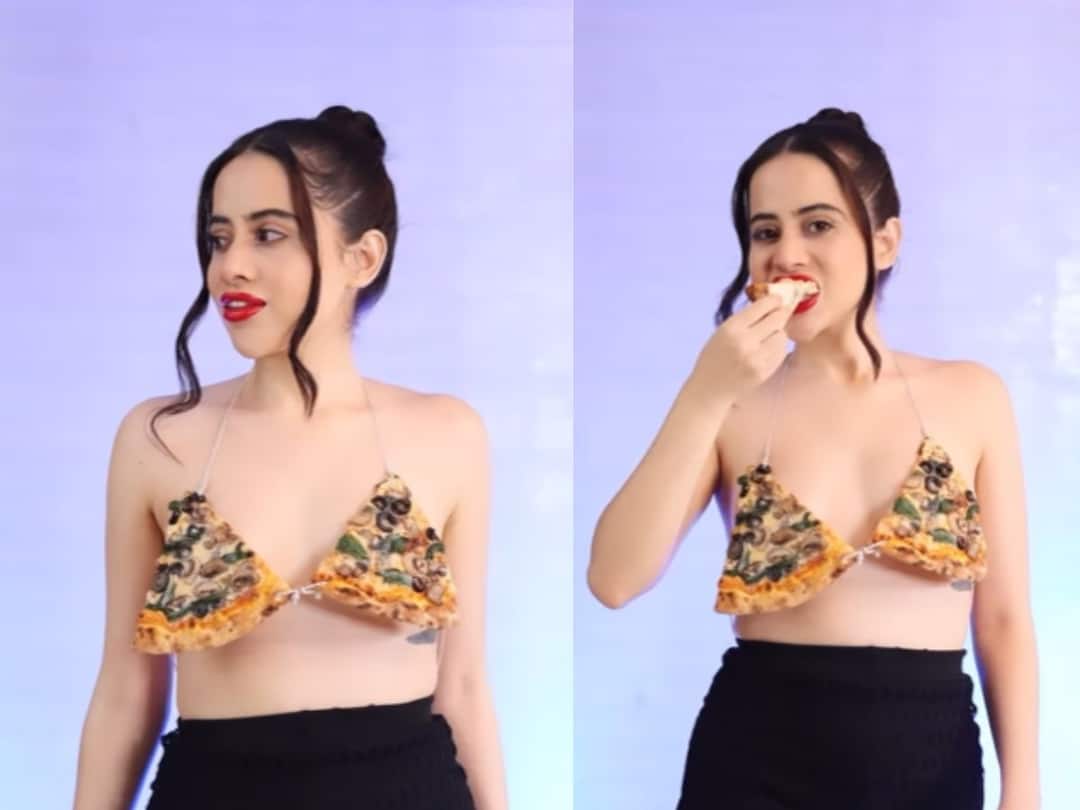 Urfi Javed made top from pizza share video on social media uorfi javed Urfi Javed: प्लास्टिक, वायर अन् काचांनंतर आता चक्क पिझ्झा; उर्फीच्या नव्या आऊटफिटची सोशल मीडियावर चर्चा