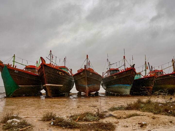 Fishing trawlers anchored at Jakhau port ahead of the landfall of Biparjoy cyclone, in Kutch district, Tuesday, June 13, 2023. (Photo: PTI)